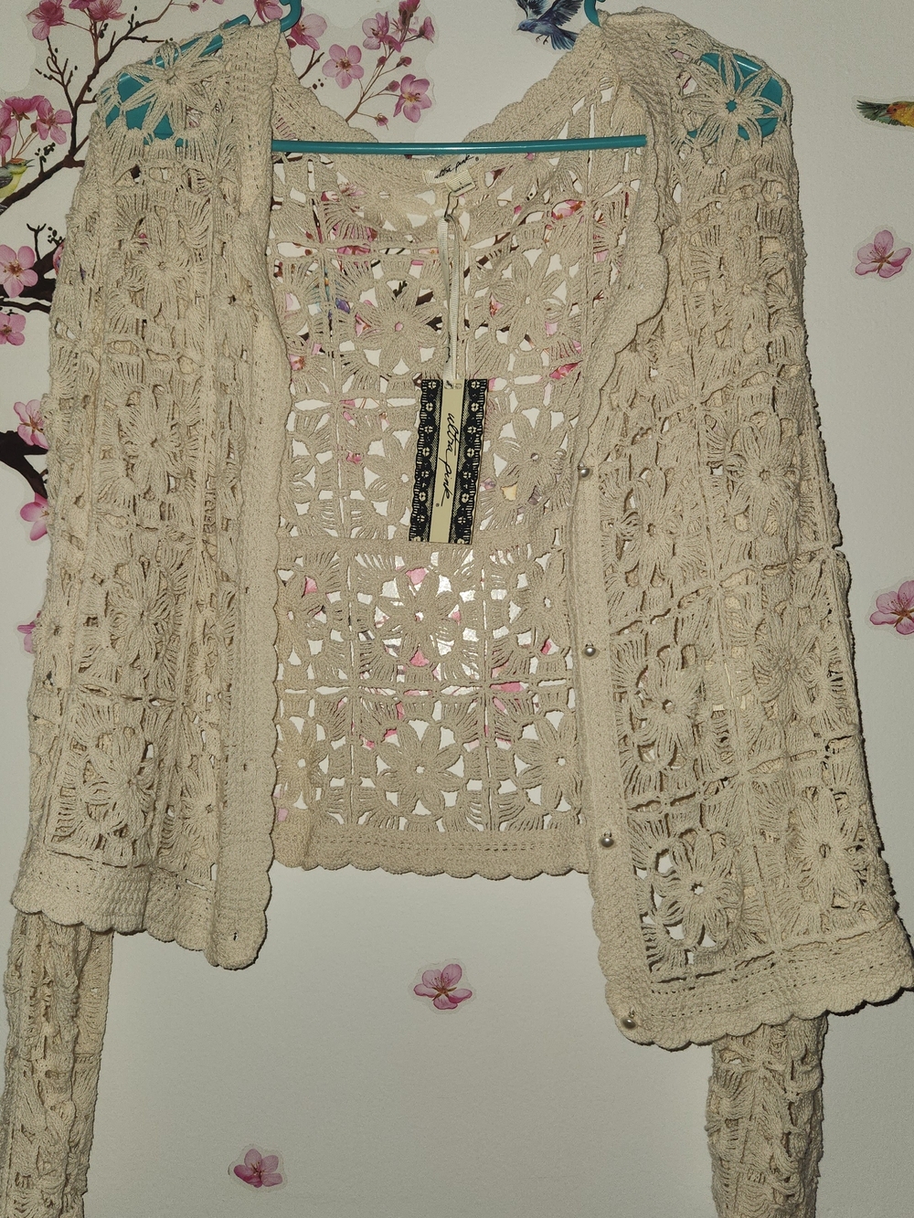 Ultra Pink Cream Crochet Openwork Cardigan